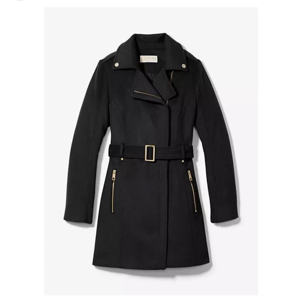 Michael Kors Black Belted Wool Pea Coat Size 2P Asymmetrical Zipper Gold Details